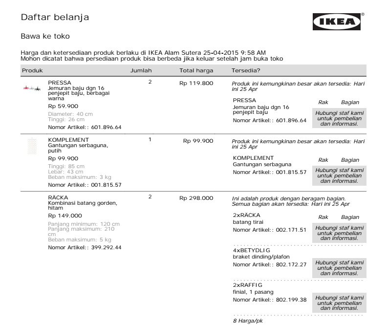Daftar belanja dari email IKEA